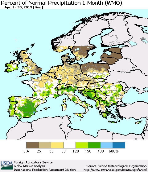 Europe Percent of Normal Precipitation 1-Month (WMO) Thematic Map For 4/1/2019 - 4/30/2019