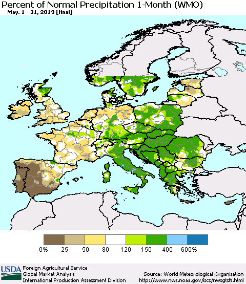 Europe Percent of Normal Precipitation 1-Month (WMO) Thematic Map For 5/1/2019 - 5/31/2019