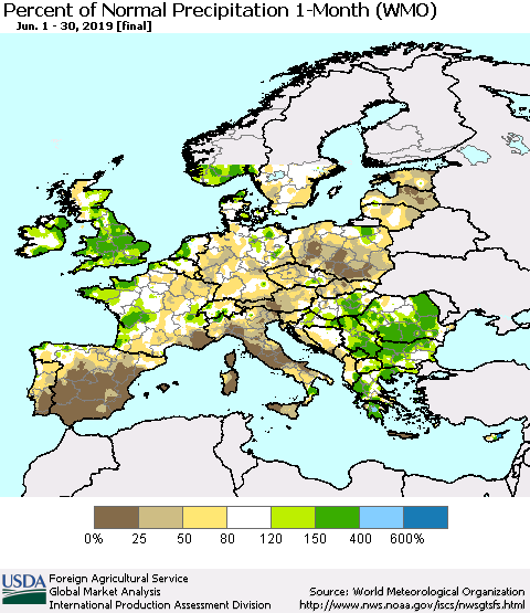 Europe Percent of Normal Precipitation 1-Month (WMO) Thematic Map For 6/1/2019 - 6/30/2019