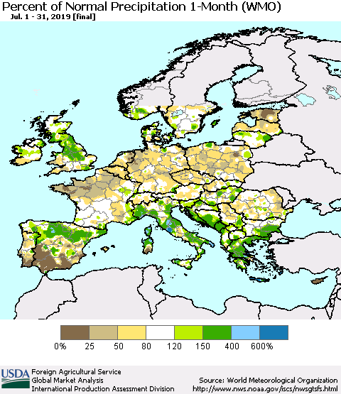 Europe Percent of Normal Precipitation 1-Month (WMO) Thematic Map For 7/1/2019 - 7/31/2019