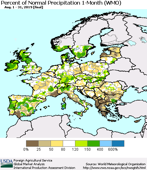 Europe Percent of Normal Precipitation 1-Month (WMO) Thematic Map For 8/1/2019 - 8/31/2019