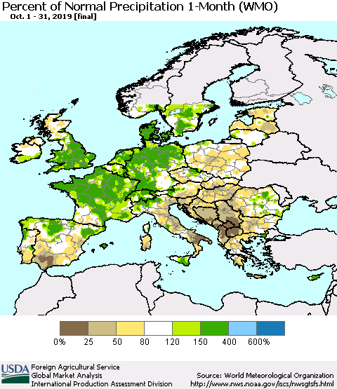 Europe Percent of Normal Precipitation 1-Month (WMO) Thematic Map For 10/1/2019 - 10/31/2019