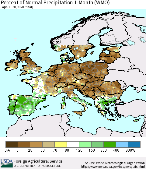 Europe Percent of Normal Precipitation 1-Month (WMO) Thematic Map For 4/1/2020 - 4/30/2020