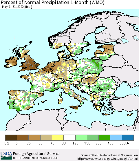 Europe Percent of Normal Precipitation 1-Month (WMO) Thematic Map For 5/1/2020 - 5/31/2020