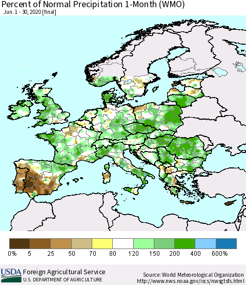 Europe Percent of Normal Precipitation 1-Month (WMO) Thematic Map For 6/1/2020 - 6/30/2020