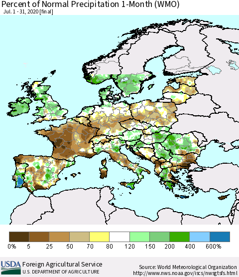 Europe Percent of Normal Precipitation 1-Month (WMO) Thematic Map For 7/1/2020 - 7/31/2020
