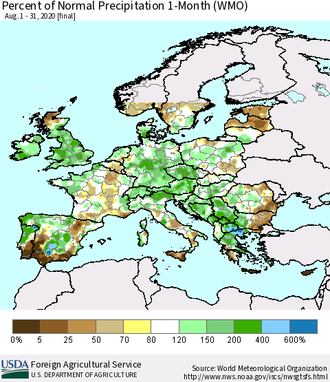 Europe Percent of Normal Precipitation 1-Month (WMO) Thematic Map For 8/1/2020 - 8/31/2020