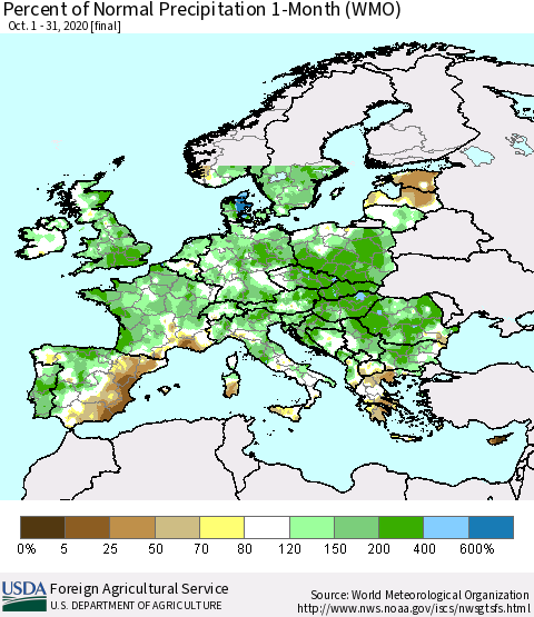 Europe Percent of Normal Precipitation 1-Month (WMO) Thematic Map For 10/1/2020 - 10/31/2020