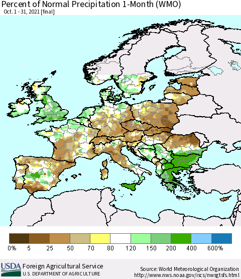 Europe Percent of Normal Precipitation 1-Month (WMO) Thematic Map For 10/1/2021 - 10/31/2021