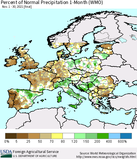 Europe Percent of Normal Precipitation 1-Month (WMO) Thematic Map For 11/1/2021 - 11/30/2021