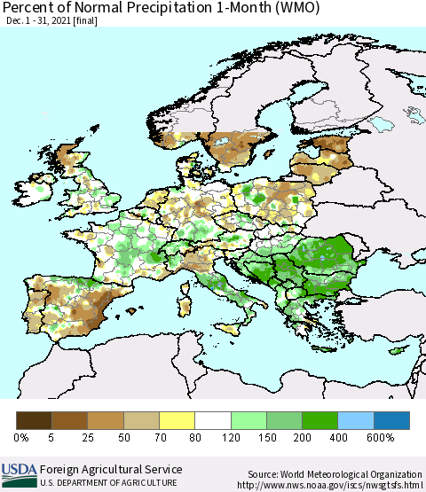 Europe Percent of Normal Precipitation 1-Month (WMO) Thematic Map For 12/1/2021 - 12/31/2021