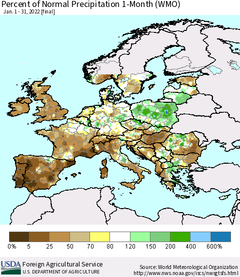 Europe Percent of Normal Precipitation 1-Month (WMO) Thematic Map For 1/1/2022 - 1/31/2022