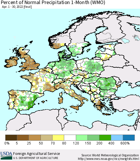 Europe Percent of Normal Precipitation 1-Month (WMO) Thematic Map For 4/1/2022 - 4/30/2022