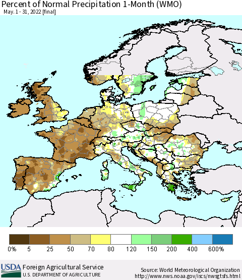 Europe Percent of Normal Precipitation 1-Month (WMO) Thematic Map For 5/1/2022 - 5/31/2022