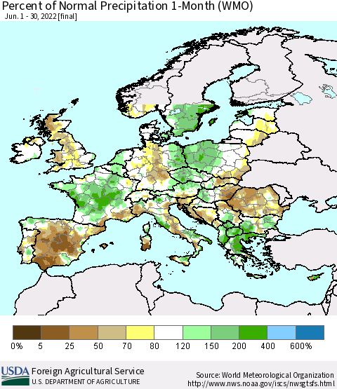 Europe Percent of Normal Precipitation 1-Month (WMO) Thematic Map For 6/1/2022 - 6/30/2022