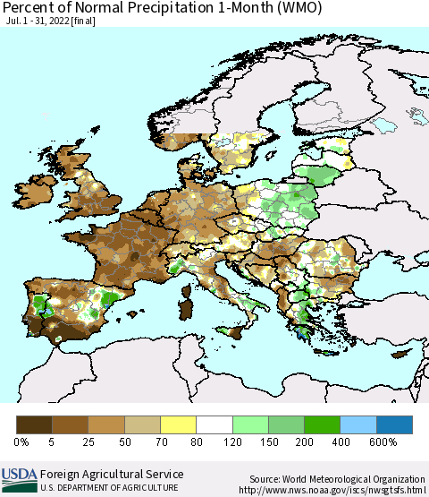 Europe Percent of Normal Precipitation 1-Month (WMO) Thematic Map For 7/1/2022 - 7/31/2022