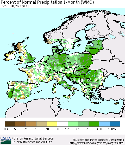 Europe Percent of Normal Precipitation 1-Month (WMO) Thematic Map For 9/1/2022 - 9/30/2022