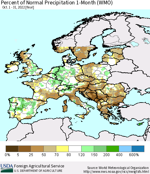 Europe Percent of Normal Precipitation 1-Month (WMO) Thematic Map For 10/1/2022 - 10/31/2022
