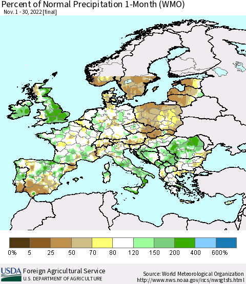 Europe Percent of Normal Precipitation 1-Month (WMO) Thematic Map For 11/1/2022 - 11/30/2022