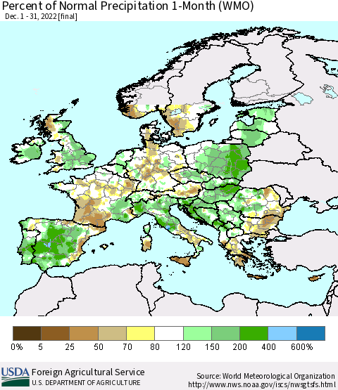 Europe Percent of Normal Precipitation 1-Month (WMO) Thematic Map For 12/1/2022 - 12/31/2022