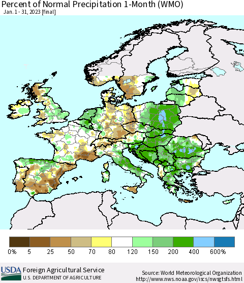 Europe Percent of Normal Precipitation 1-Month (WMO) Thematic Map For 1/1/2023 - 1/31/2023