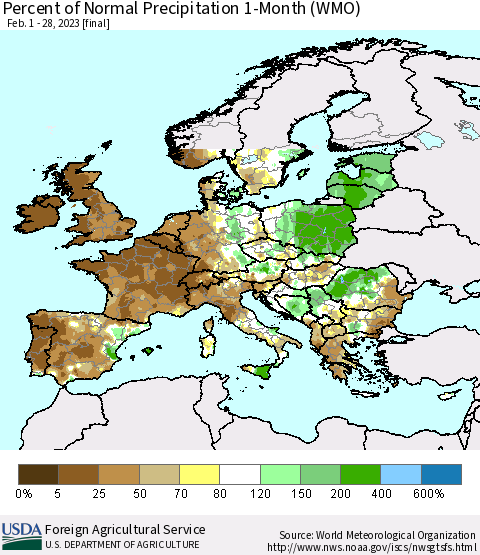 Europe Percent of Normal Precipitation 1-Month (WMO) Thematic Map For 2/1/2023 - 2/28/2023