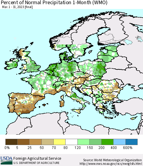 Europe Percent of Normal Precipitation 1-Month (WMO) Thematic Map For 3/1/2023 - 3/31/2023