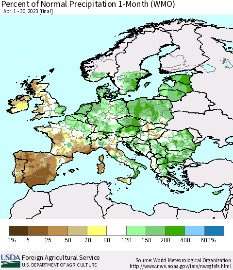 Europe Percent of Normal Precipitation 1-Month (WMO) Thematic Map For 4/1/2023 - 4/30/2023