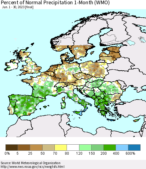 Europe Percent of Normal Precipitation 1-Month (WMO) Thematic Map For 6/1/2023 - 6/30/2023