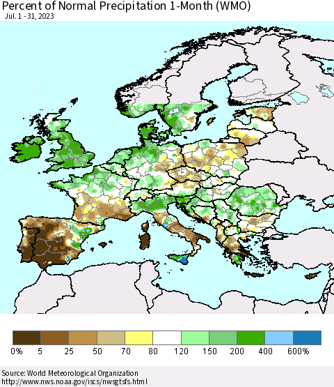 Europe Percent of Normal Precipitation 1-Month (WMO) Thematic Map For 7/1/2023 - 7/31/2023
