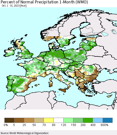 Europe Percent of Normal Precipitation 1-Month (WMO) Thematic Map For 10/1/2023 - 10/31/2023