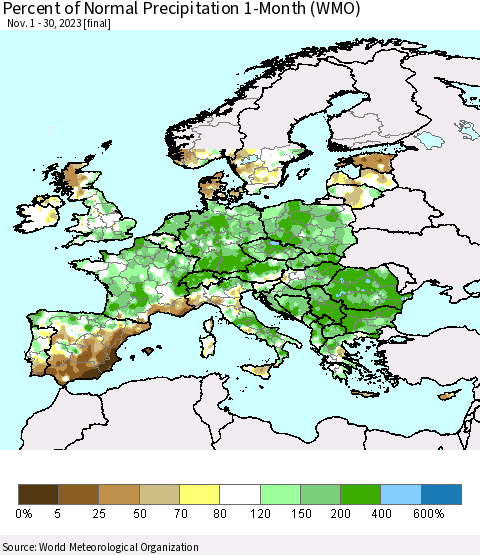 Europe Percent of Normal Precipitation 1-Month (WMO) Thematic Map For 11/1/2023 - 11/30/2023