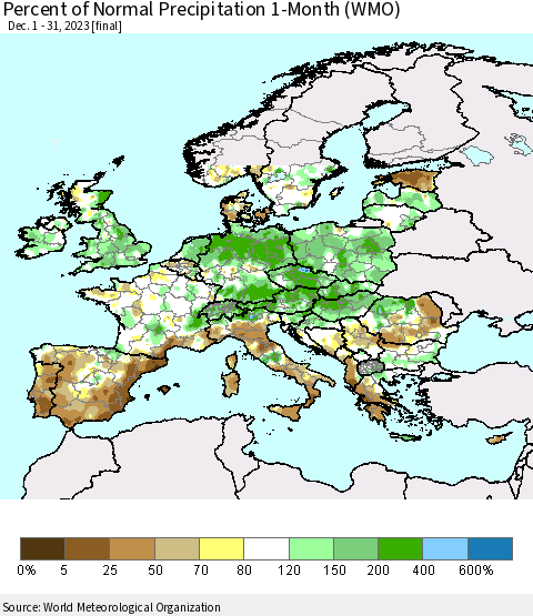Europe Percent of Normal Precipitation 1-Month (WMO) Thematic Map For 12/1/2023 - 12/31/2023