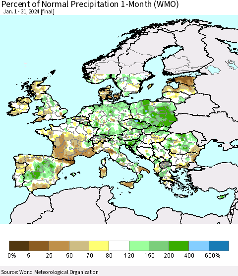 Europe Percent of Normal Precipitation 1-Month (WMO) Thematic Map For 1/1/2024 - 1/31/2024