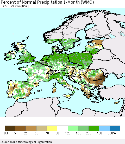 Europe Percent of Normal Precipitation 1-Month (WMO) Thematic Map For 2/1/2024 - 2/29/2024