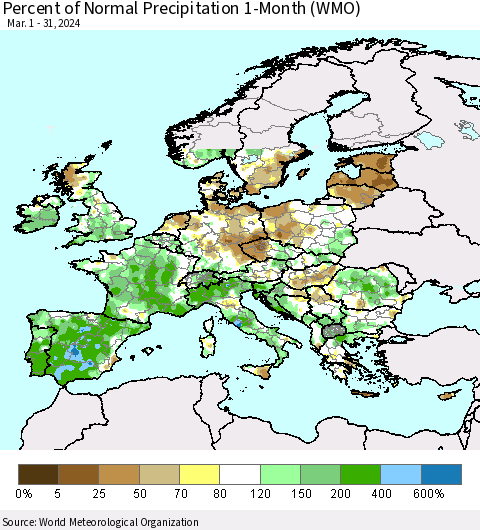 Europe Percent of Normal Precipitation 1-Month (WMO) Thematic Map For 3/1/2024 - 3/31/2024