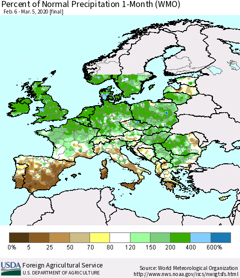 Europe Percent of Normal Precipitation 1-Month (WMO) Thematic Map For 2/6/2020 - 3/5/2020