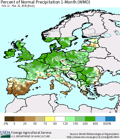 Europe Percent of Normal Precipitation 1-Month (WMO) Thematic Map For 2/11/2020 - 3/10/2020