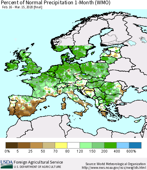 Europe Percent of Normal Precipitation 1-Month (WMO) Thematic Map For 2/16/2020 - 3/15/2020