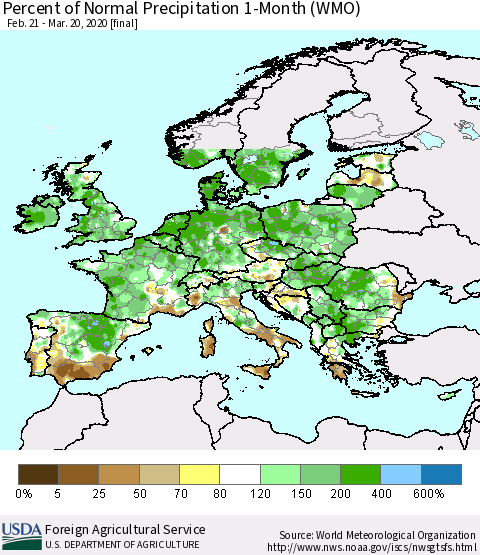 Europe Percent of Normal Precipitation 1-Month (WMO) Thematic Map For 2/21/2020 - 3/20/2020