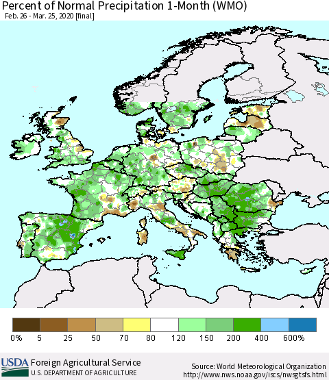 Europe Percent of Normal Precipitation 1-Month (WMO) Thematic Map For 2/26/2020 - 3/25/2020