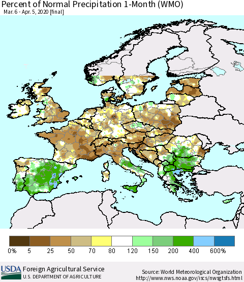 Europe Percent of Normal Precipitation 1-Month (WMO) Thematic Map For 3/6/2020 - 4/5/2020