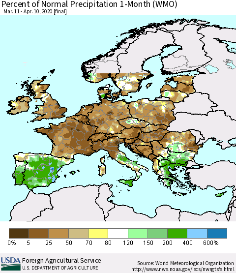 Europe Percent of Normal Precipitation 1-Month (WMO) Thematic Map For 3/11/2020 - 4/10/2020
