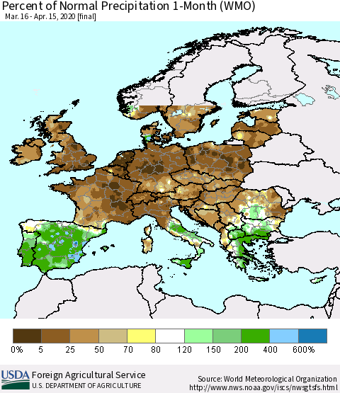Europe Percent of Normal Precipitation 1-Month (WMO) Thematic Map For 3/16/2020 - 4/15/2020