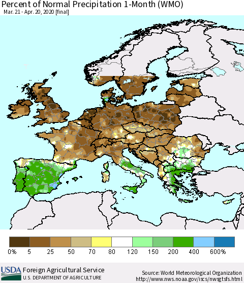 Europe Percent of Normal Precipitation 1-Month (WMO) Thematic Map For 3/21/2020 - 4/20/2020