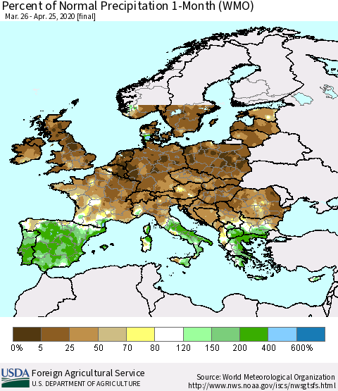 Europe Percent of Normal Precipitation 1-Month (WMO) Thematic Map For 3/26/2020 - 4/25/2020