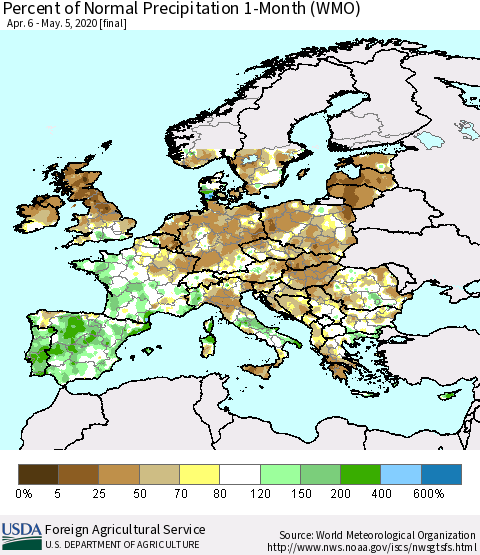 Europe Percent of Normal Precipitation 1-Month (WMO) Thematic Map For 4/6/2020 - 5/5/2020