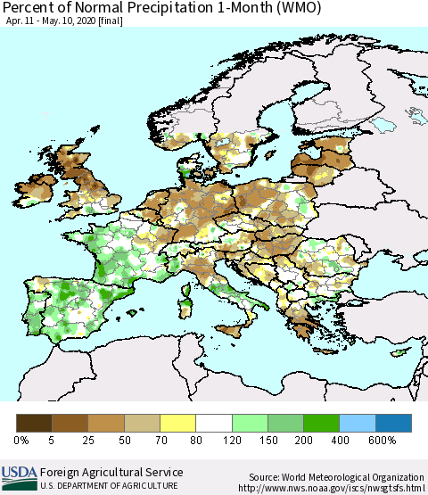 Europe Percent of Normal Precipitation 1-Month (WMO) Thematic Map For 4/11/2020 - 5/10/2020