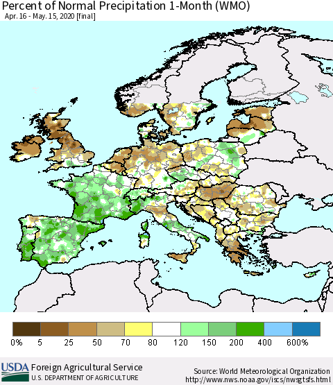 Europe Percent of Normal Precipitation 1-Month (WMO) Thematic Map For 4/16/2020 - 5/15/2020
