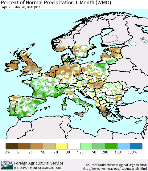 Europe Percent of Normal Precipitation 1-Month (WMO) Thematic Map For 4/21/2020 - 5/20/2020